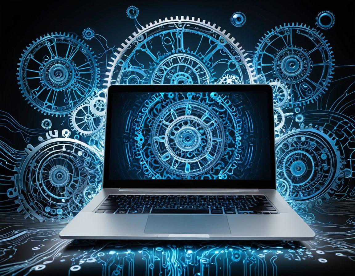 A sleek, modern device like a laptop or smartphone emitting a soft, radiant glow, surrounded by delicate gears and circuits symbolizing enhanced performance. A hand gently touching the device, suggesting transformation and elegance. The background features abstract waves of color representing efficiency and speed. The overall color scheme is a blend of silver, blue, and white. digital art. vibrant colors.